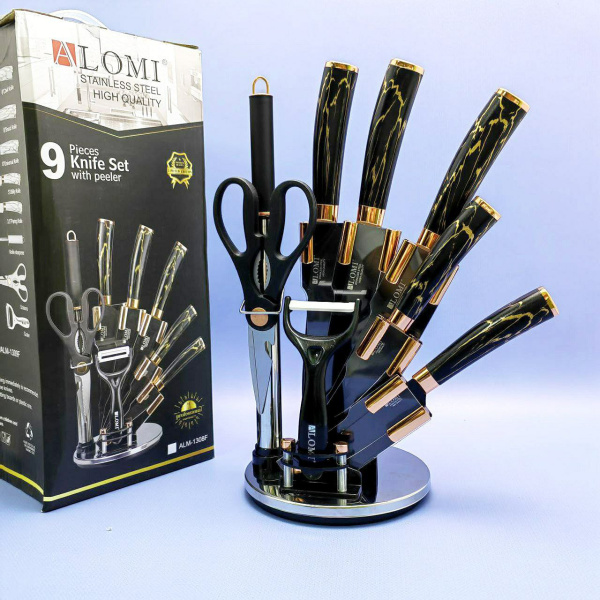 Набор кухонных ножей из нержавеющей стали 9 предметов Alomi на подставке / Подарочная упаковка, ЧЕРНЫЙ МРАМОР